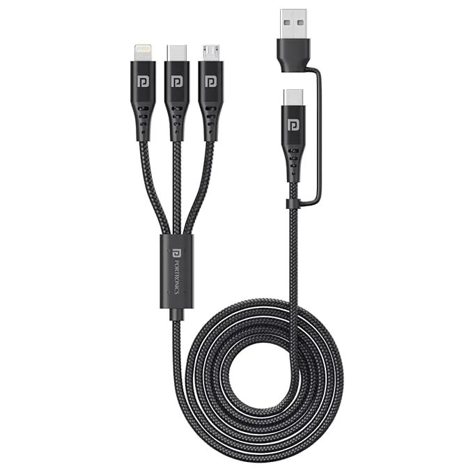 Portronics Data Cable Konnect J9 3/4/5 -in-1 Cable with Changeabl POR 1796 Black