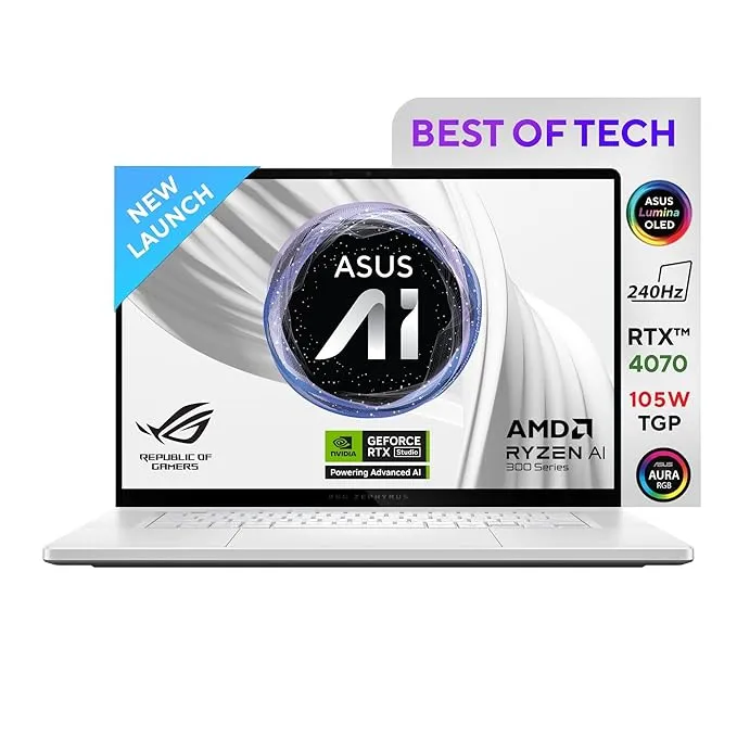 Asus Gaming Laptop R9-HX 370 AI,32GB,2TB SSD,16 OLED,RTX-4070 RGB Backlit Chiclet KB,Win 11,Office 2021 ROG Zephyrus G16 GA605WI-QR067WS Platinum White