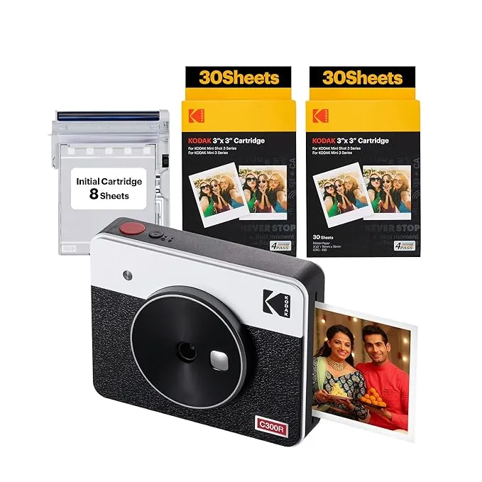 Kodak Digital Camera + 68 Sheets Bundle 4PASS 2-in-1 Instant Camera and Photo Printer Mini Shot 3 Retro White