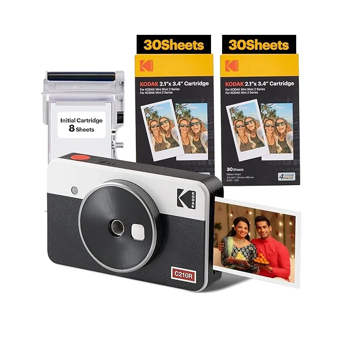 Kodak Digital Camera + 68 Sheets Bundle 4PASS 2-in-1 Instant Camera and Photo Printer Mini Shot 2 Retro White